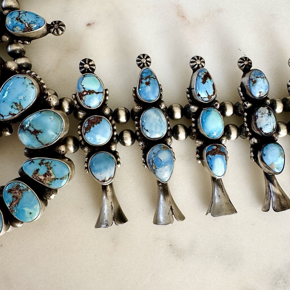 Navajo Squash Blossom Necklace Golden Hills Turquoise Signed Skeets Sterling - Picture 5 of 15